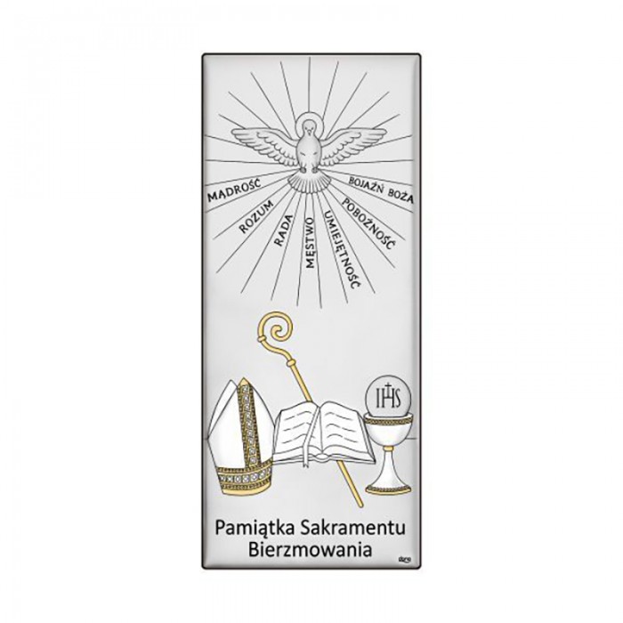 srebrna ikona Pamiątka Bierzmowania – obrazek religijny na drewnianej podstawie