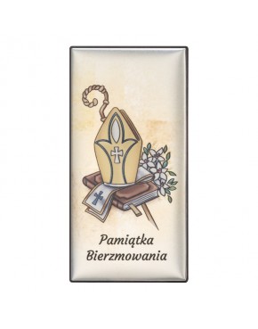 srebrna ikona Pamiątka Bierzmowania – obrazek religijny na drewnianej podstawie