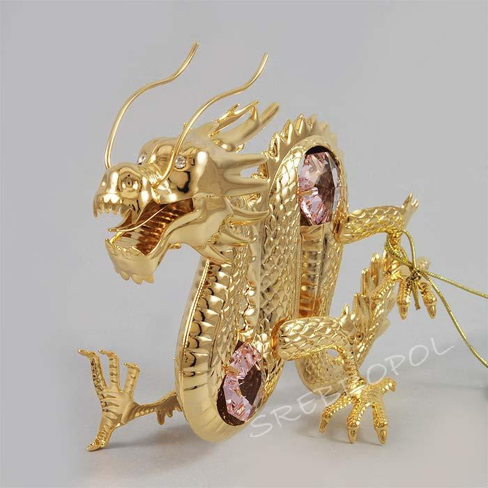 Złota figurka smok z kolorowymi kryształkami swarovskiego 122-0166
