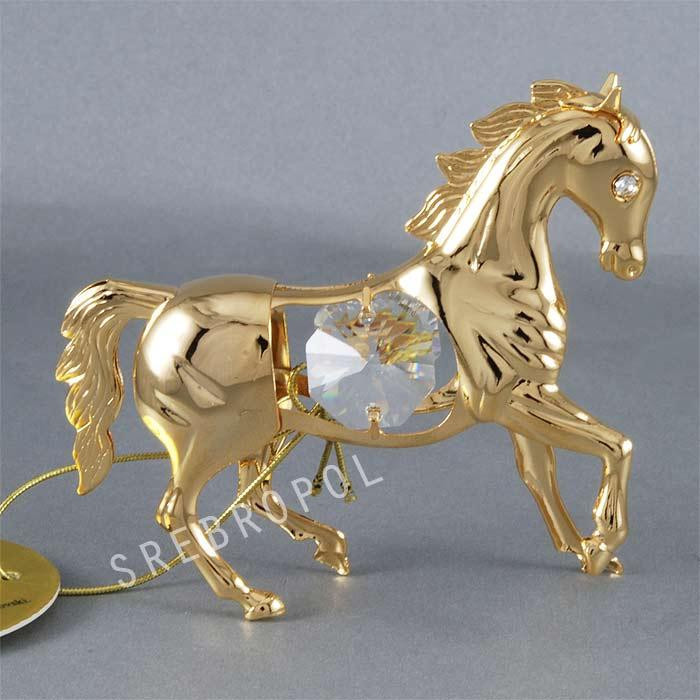Złota figurka koń z kryształkami swarovskiego 122-0018