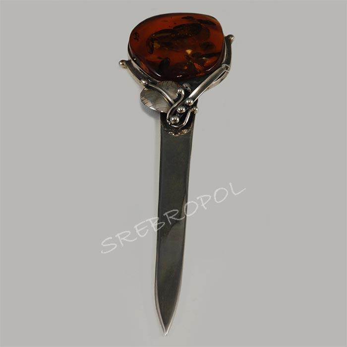 Srebrny nożyk do kopert z bursztynem NO-6 W145/5