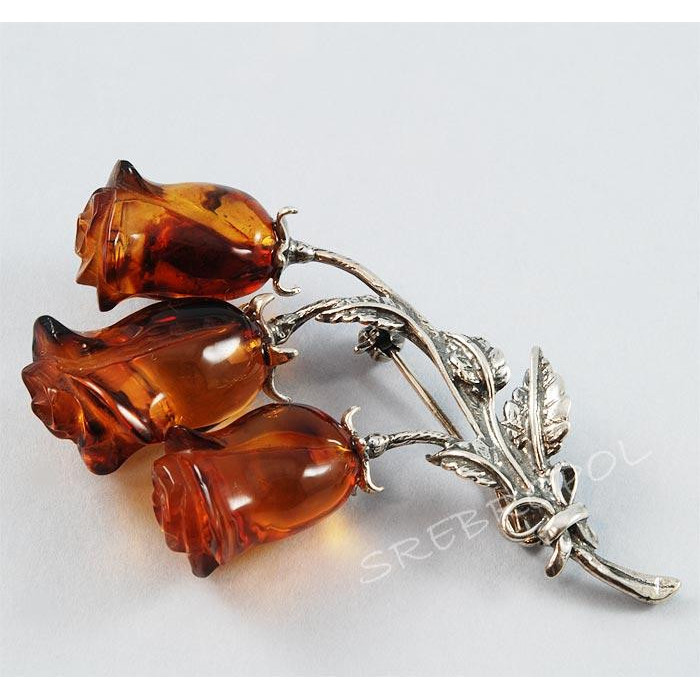 Broszka srebrna róże z bursztynem BR HE 57/0