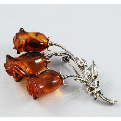 Broszka srebrna róże z bursztynem BR HE 57/0