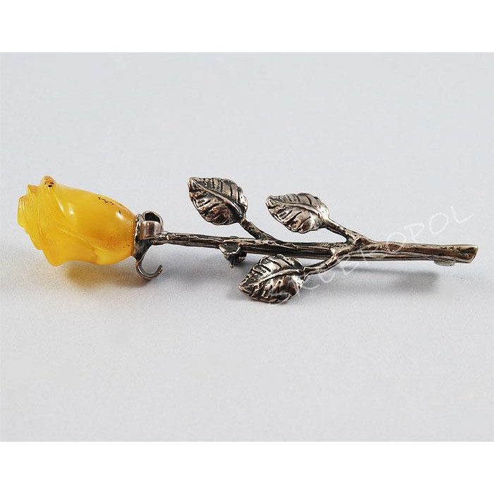 Broszka srebrna róża z bursztynem BR HE 55/5